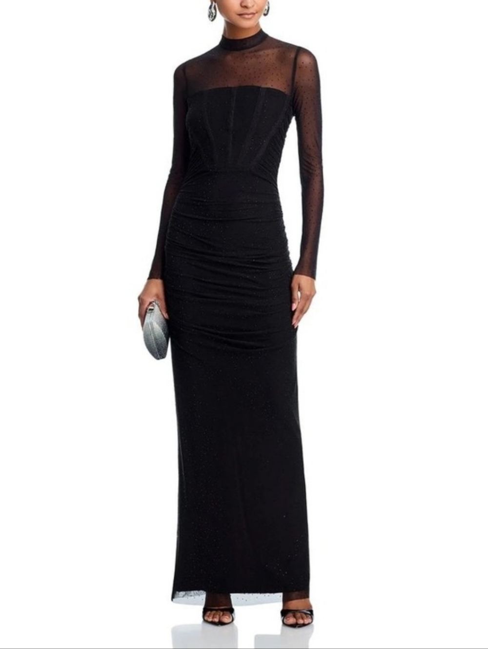 NWT Black Halo Black Sheer-Panel Long Sleeve Evening Gown